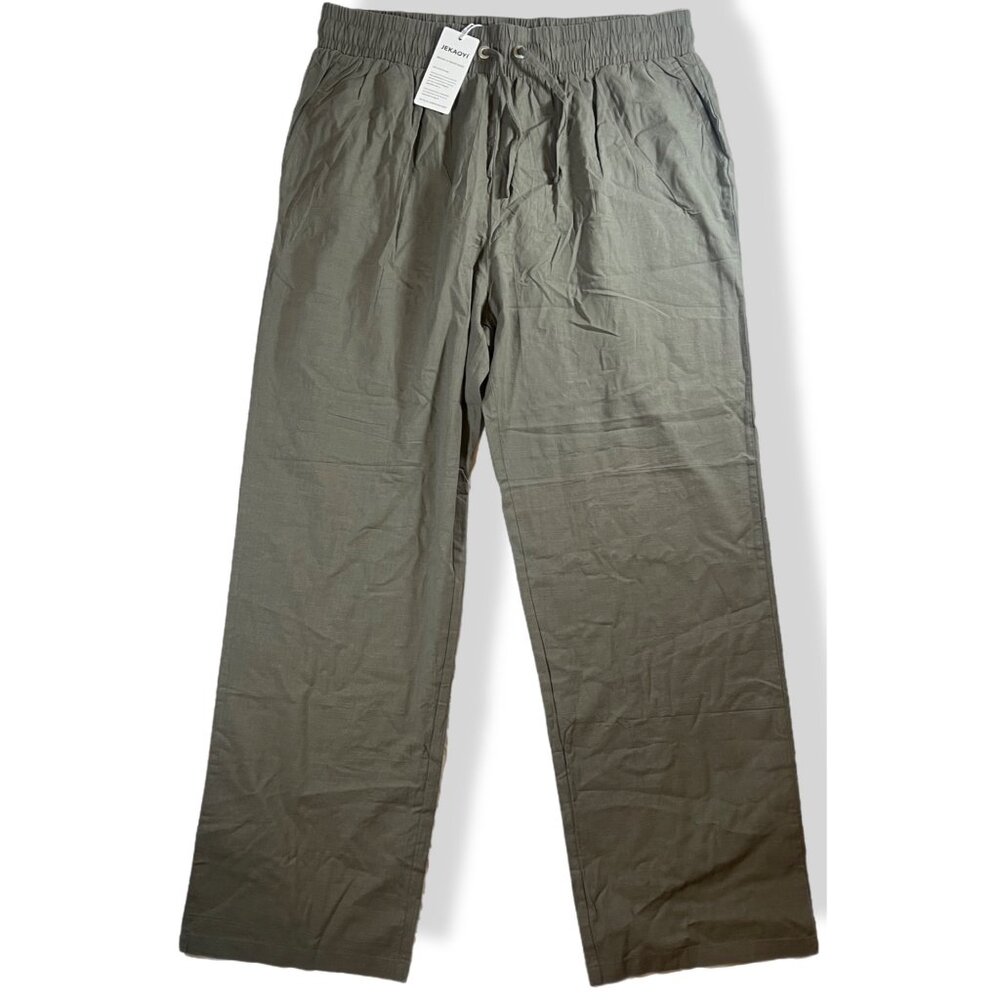 Womens Flowy Pants XL Cotton Flax Blend Olive Green Wide Leg Pockets Boho